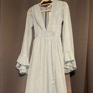 Showpo Blue Silver Ruffled Tiered Long Sleeve Sundress